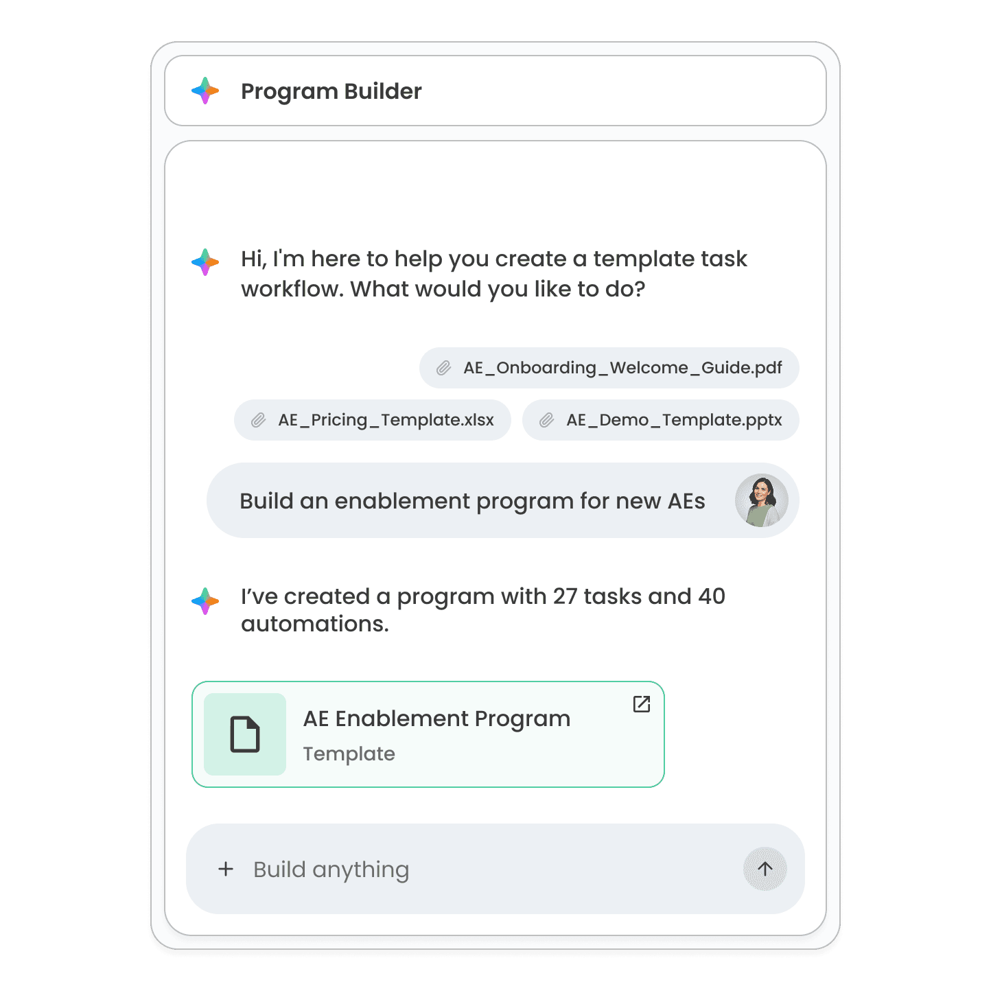 Program Builder chat: a prompt to build an enablement program for new AEs becomes a program with 27 tasks and 40 automations